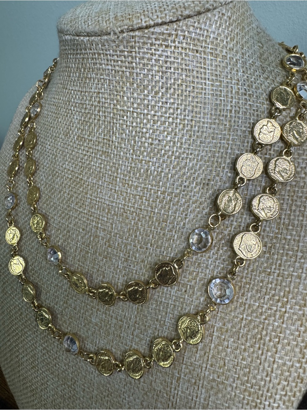 Vintage Gold Coin Link Necklace with Clear Bezel Crystal Drops